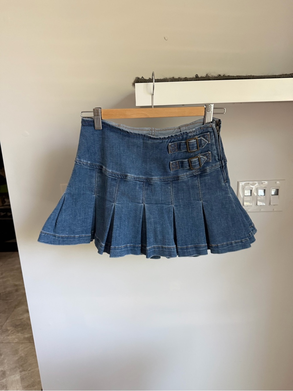 wild fable Blue Denim Pleated Mini Skirt with Buckle Straps